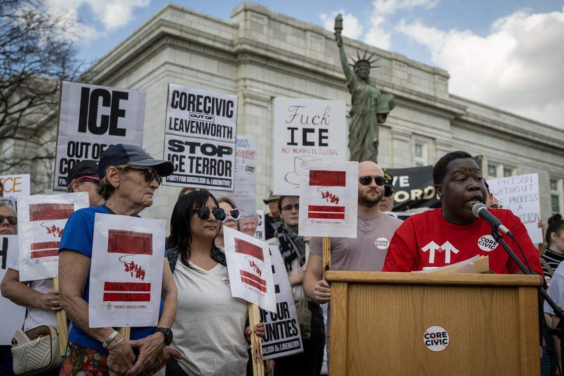 Fran Marion of Stand Up KC, spoke as anti-ICE protesters gathered outside of Leavenworth City Hall before the Leavenworth city commission meeting, which approved a zoning permit Tuesday, March 10, 2026, that allows CoreCivic, a private prison company, to reopen its facility as an ICE detention center.