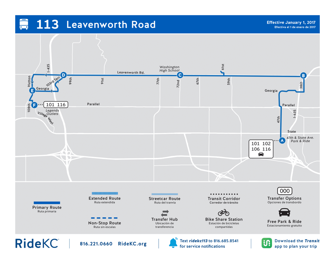 A route map for the 113 Route covering Leavenworth Road in Kansas City, Kansas.