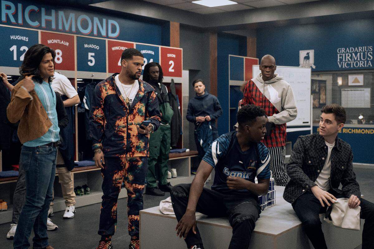 A “Ted Lasso” scene in the AFC Richmond locker room, with Cristo Fernández, from left, Kola Bokinni, Toheeb Jimoh and Billy Harris.