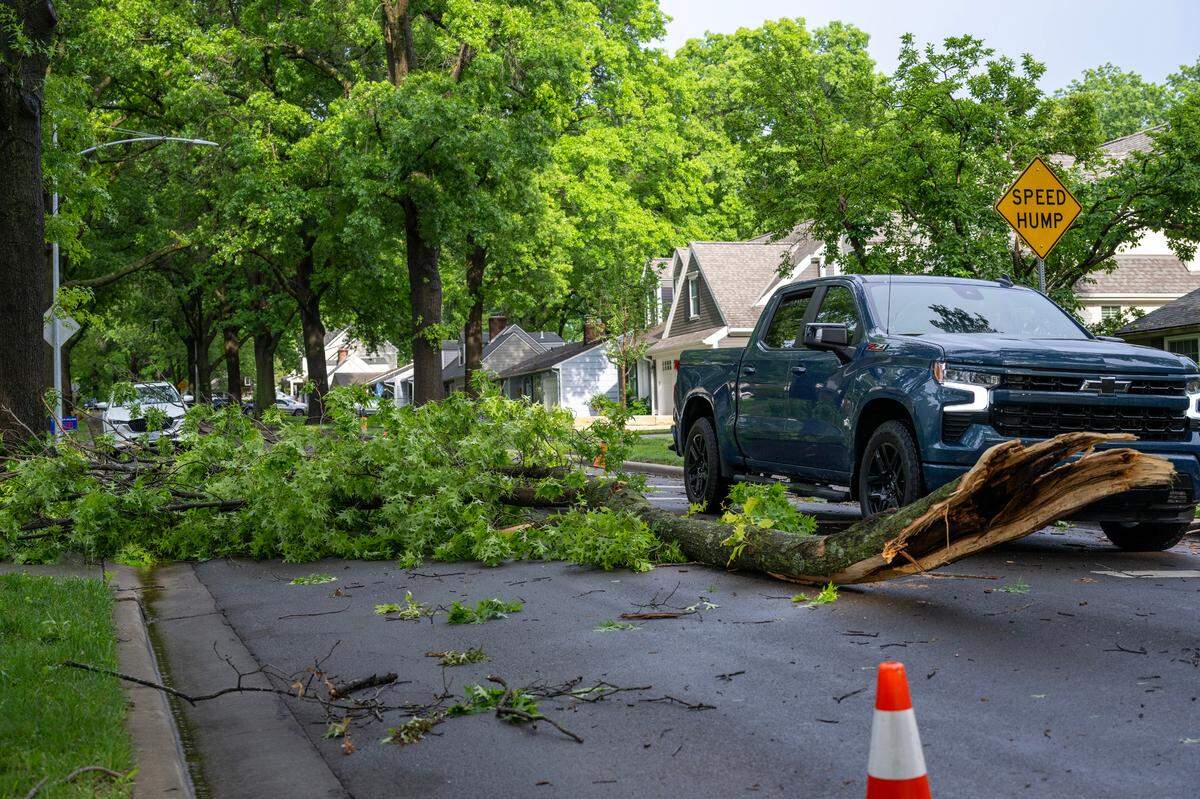 Downed limbs were in the street along W. 71st. Terrace Monday, May 19, 2025, in Kansas City after strong storms moved through the area.