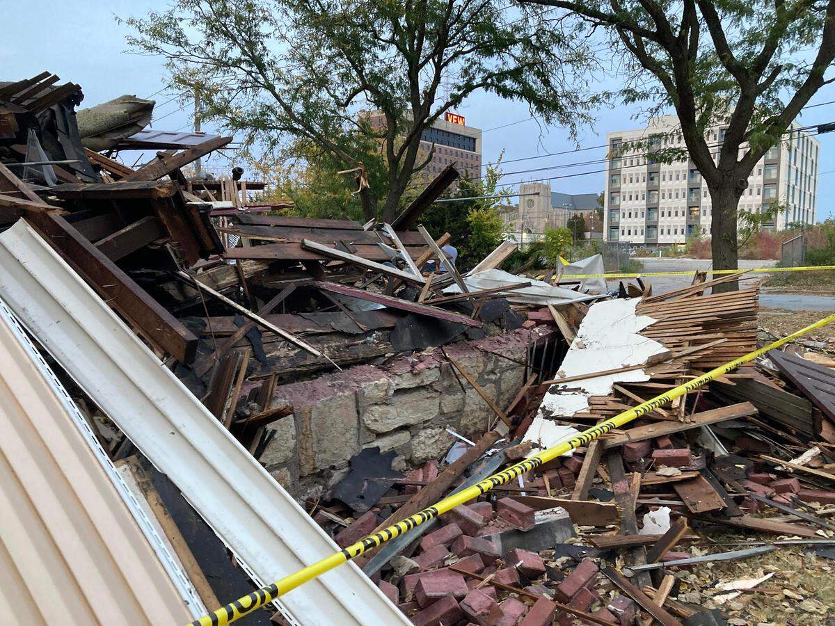 The remains of an old house demolished in the Valentine neighborhood on Oct. 28, 2024. Neighborhood residents are protesting the demolition of buildings owned by Kansas City Life Insurance.