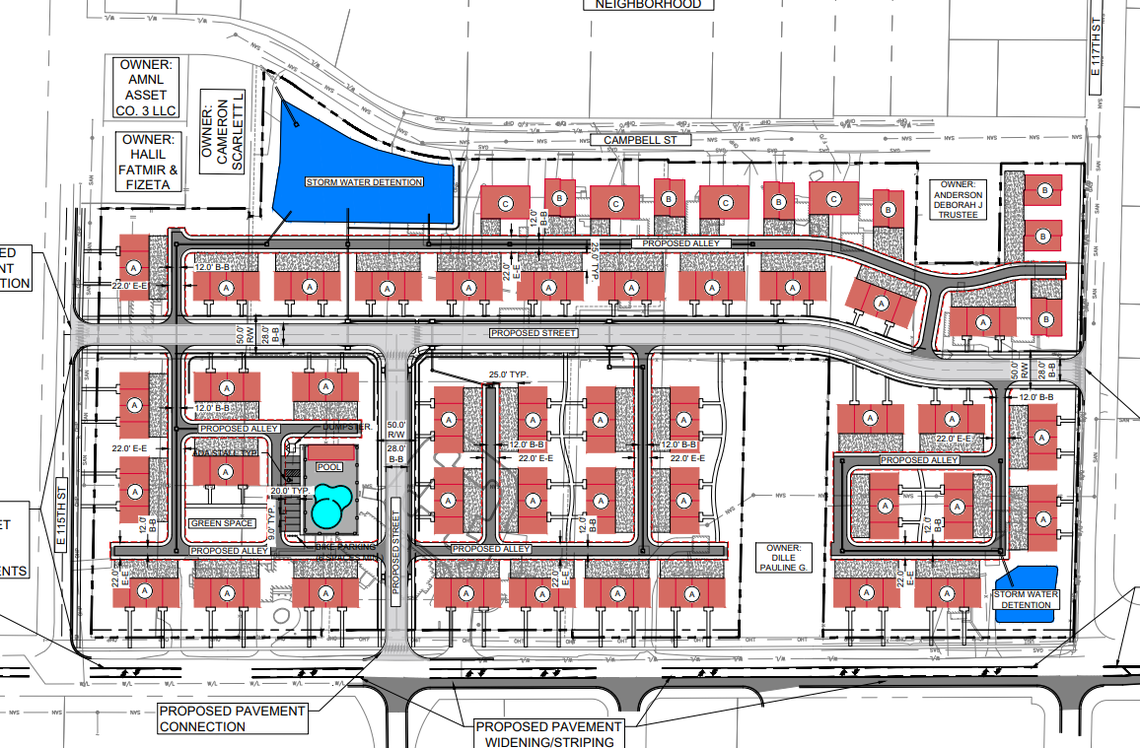 IronDoor Development has proposed redeveloping about 17 acres between Holmes Road, Campbell Street, East 115th Street and East 117th Street, with a mix of single-family houses, duplexes and four-unit townhomes after developers bought up most of the properties on the block in recent years.