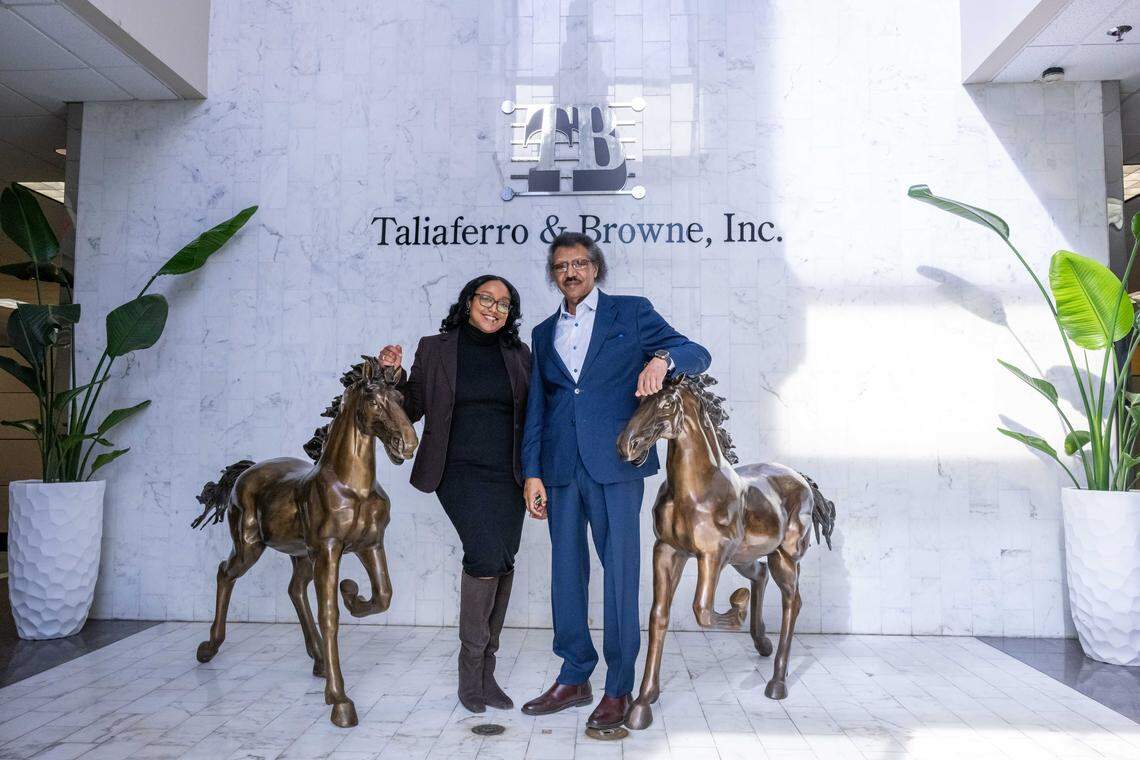 Hagos Andebrhan, CEO and co-owner of Taliaferro & Browne, and Senior Project Manager and civil engineer Nicki Chestnut, at their office in Kansas City, on Wednesday, February 11, 2026. Some of the engineering firm's landmark projects include the Power & Light District, Kauffman Performing Arts Center, and the ongoing 18th and Vine District initiative.