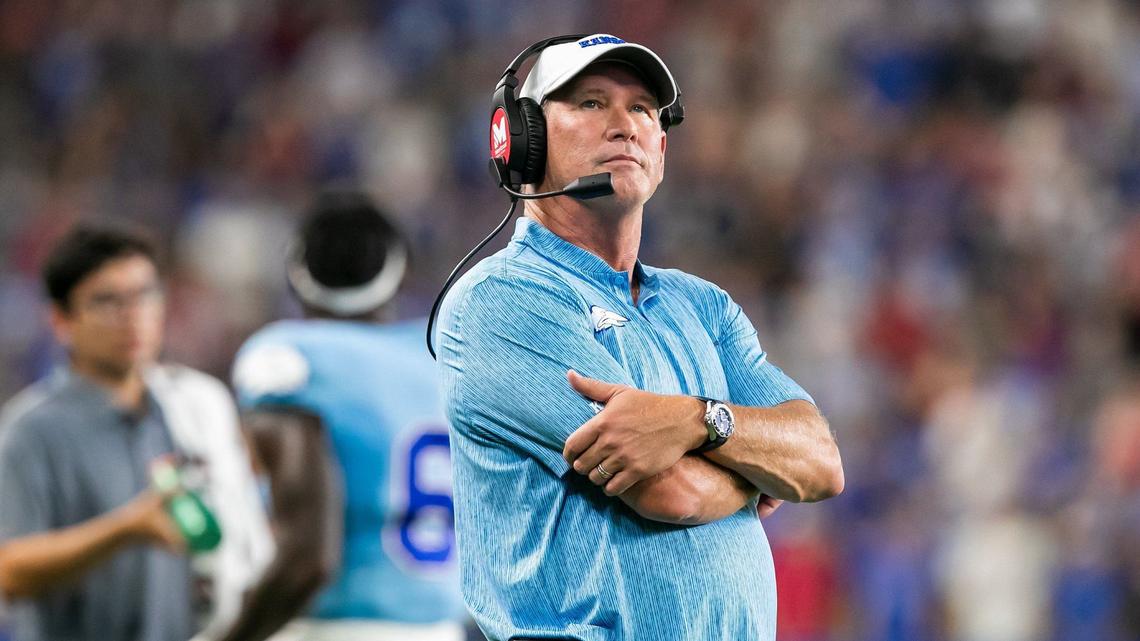 Kansas head coach Lance Leipold watches the videoboard during the game between the Jayhawks and Lindenwood Lions on Thursday, August 29, 2024, at Children’s Mercy Park in Kansas City, Kansas.