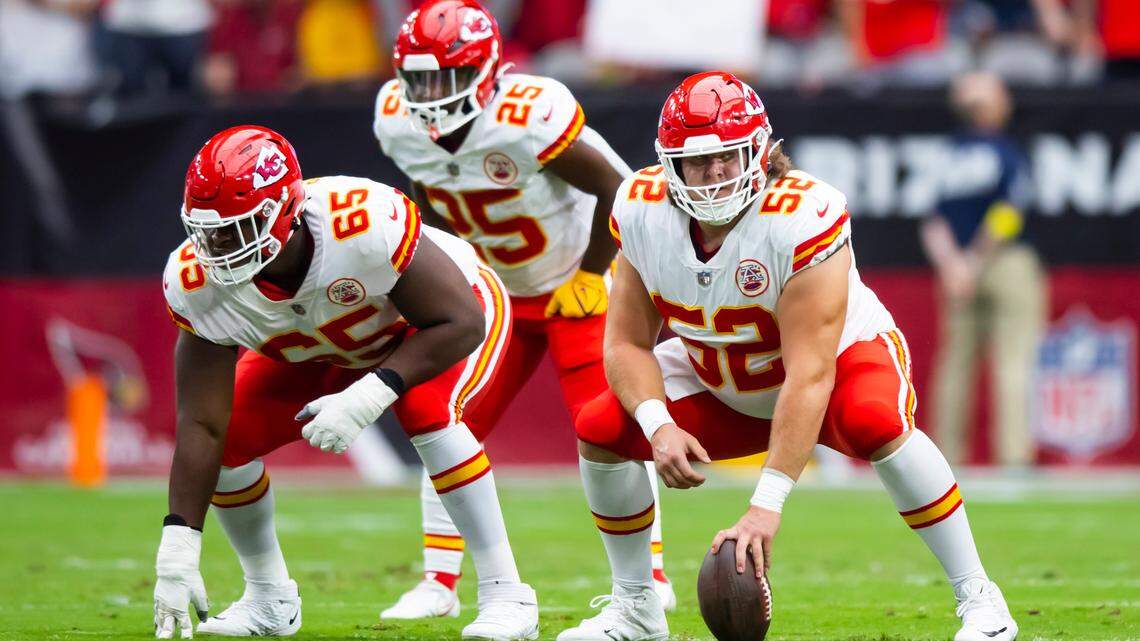 Kansas City Chiefs guard Trey Smith (65) and center Creed Humphrey (52) against the Arizona Cardinals at State Farm Stadium.