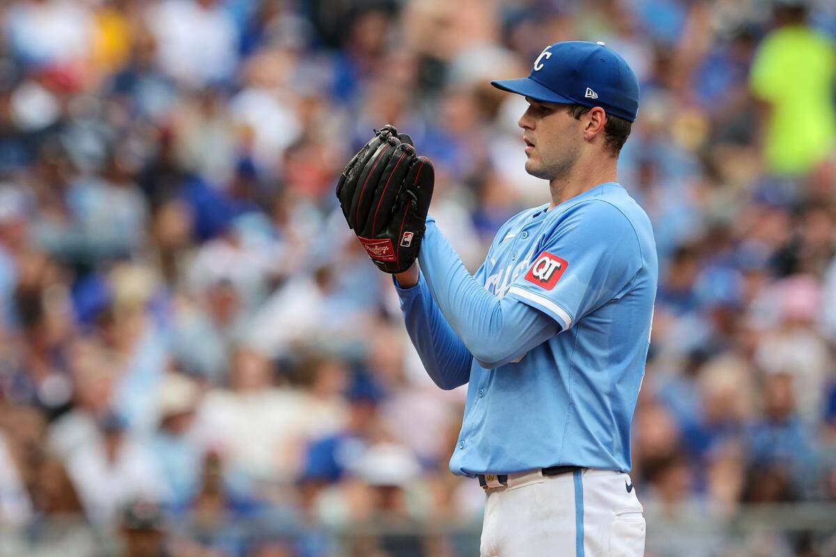 Kansas City Royals pitcher Cole Ragans looks for the sign during Saturday afternoon’s start against the Cleveland Guardians at Kauffman Stadium.