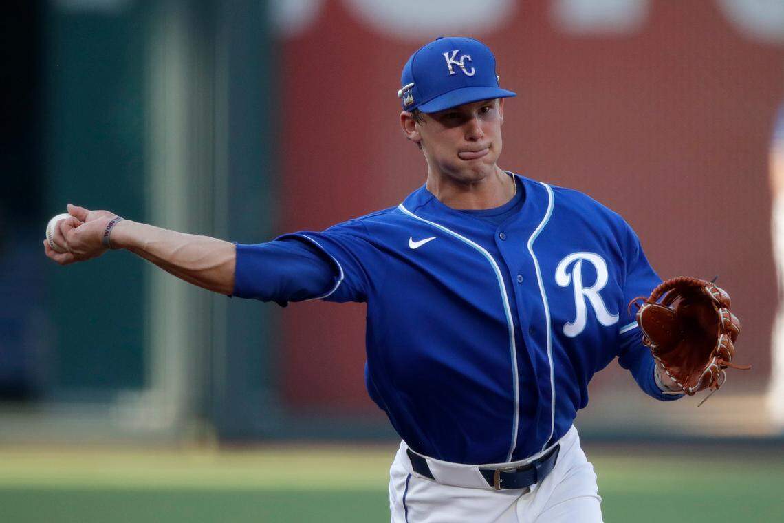 Kansas City Royals’ Bobby Witt Jr. throws during an intrasquad baseball game at Kauffman Stadium Wednesday, July 8, 2020, in Kansas City, Mo. (AP Photo/Charlie Riedel)