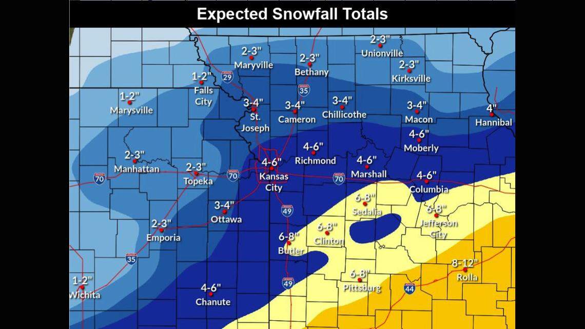 Although expected snowfall amounts have decreased slightly, forecasters still predict around 5 inches in the Kansas City metro, with higher totals possible south and east of the city, the National Weather Service. Areas to the north are expected to see less snow.