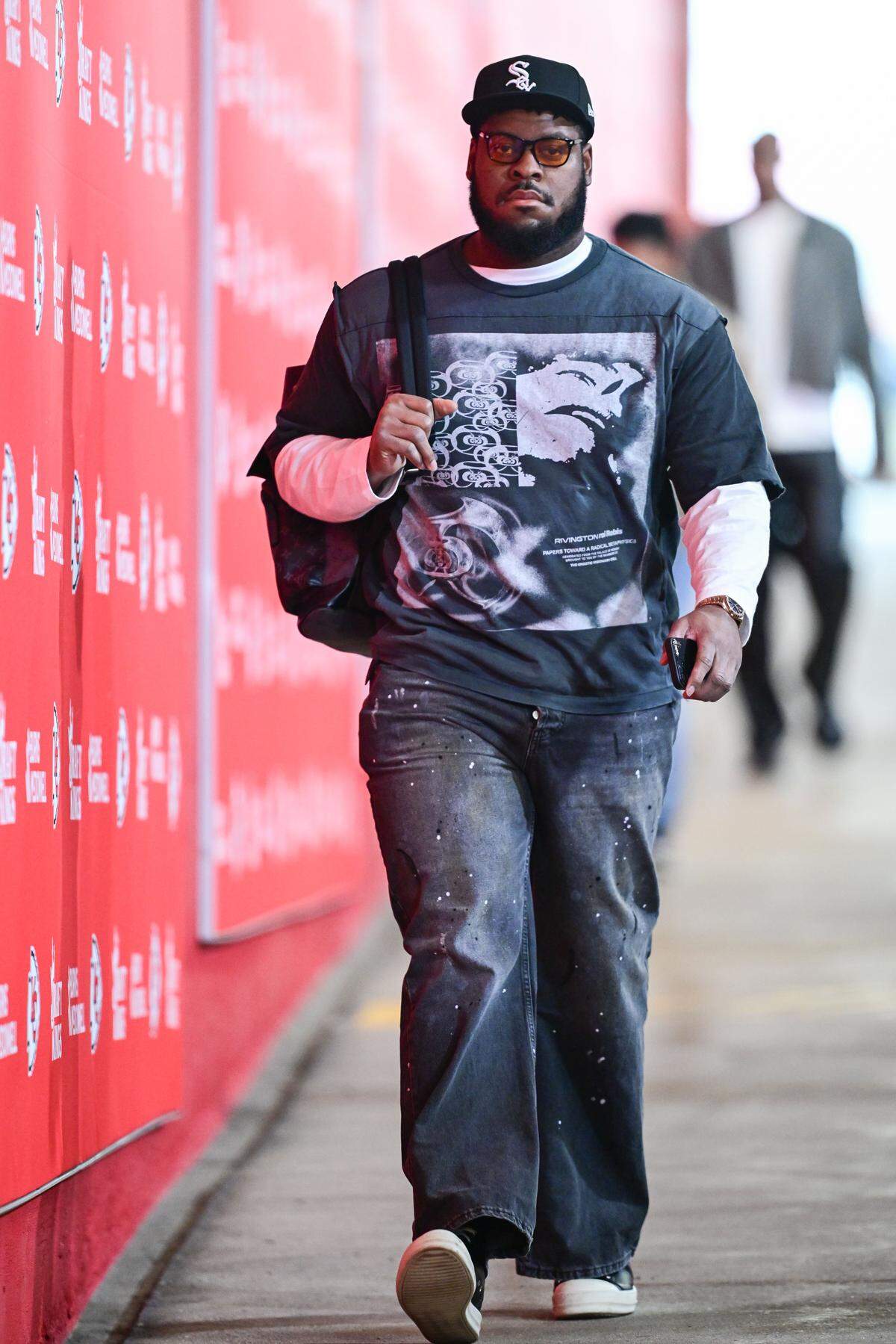 Kansas City Chiefs guard Trey Smith arrives prior to the Chiefs game against the Indianapolis Colts on Sunday, November 23, 2025, at GEHA Field at Arrowhead Stadium.