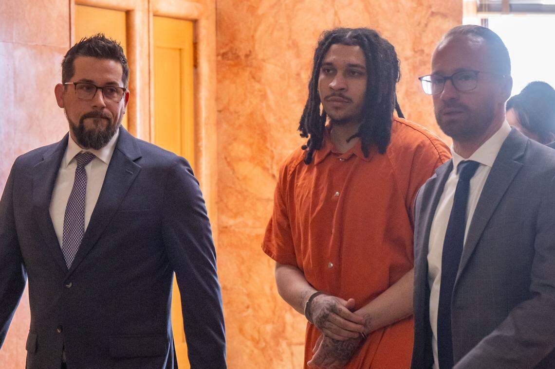Dominic Miller is escorted to the courtroom, at Jackson County Courthouse, on Monday, March 9, 2026, in Kansas City. Miller is accused of fatally shooting Lopez-Galvan during the 2024 Chiefs Super Bowl rally mass shooting.