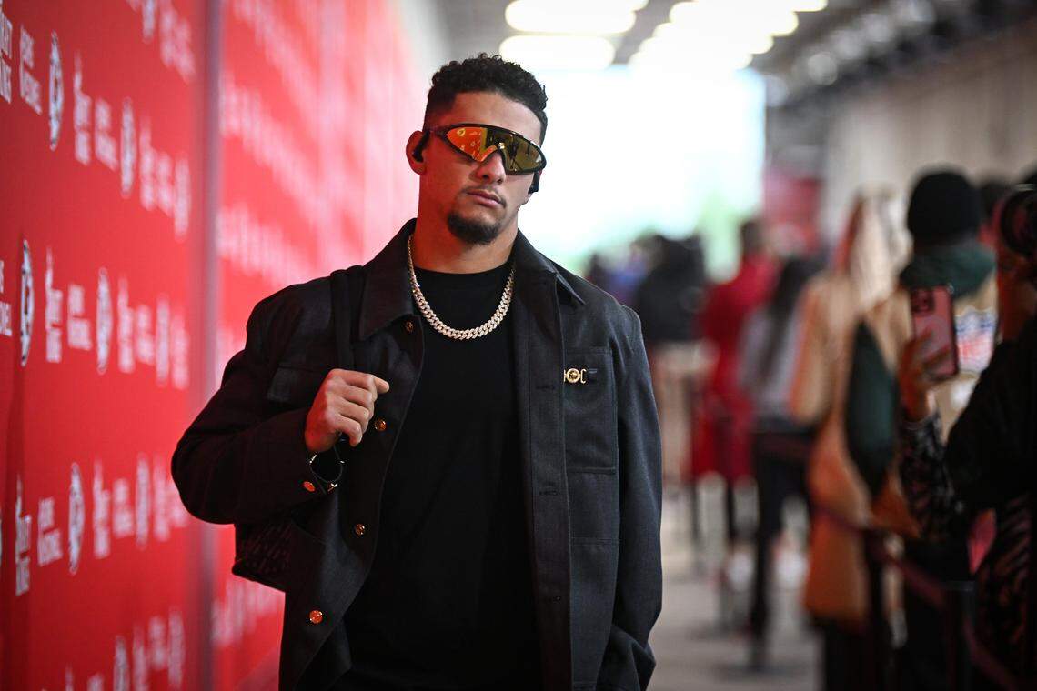 Kansas City Chiefs quarterback Patrick Mahomes arrives before the Chiefs' game with the Washington Commanders on Monday, Oct. 27, 2025, at GEHA Field at Arrowhead Stadium.