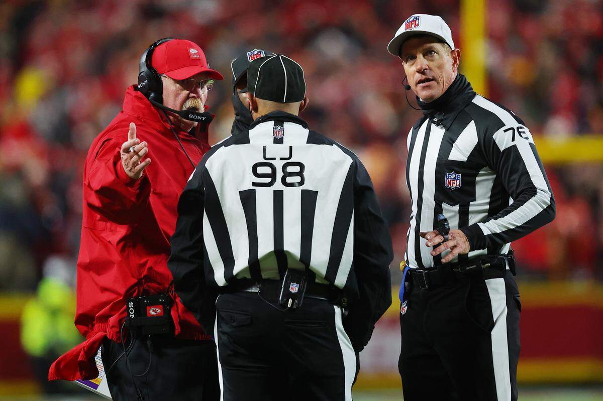 Head coach Andy Reid of the Kansas City Chiefs speaks to the officials during the first quarter against the Houston Texans at Arrowhead Stadium on December 07, 2025 in Kansas City, Missouri.