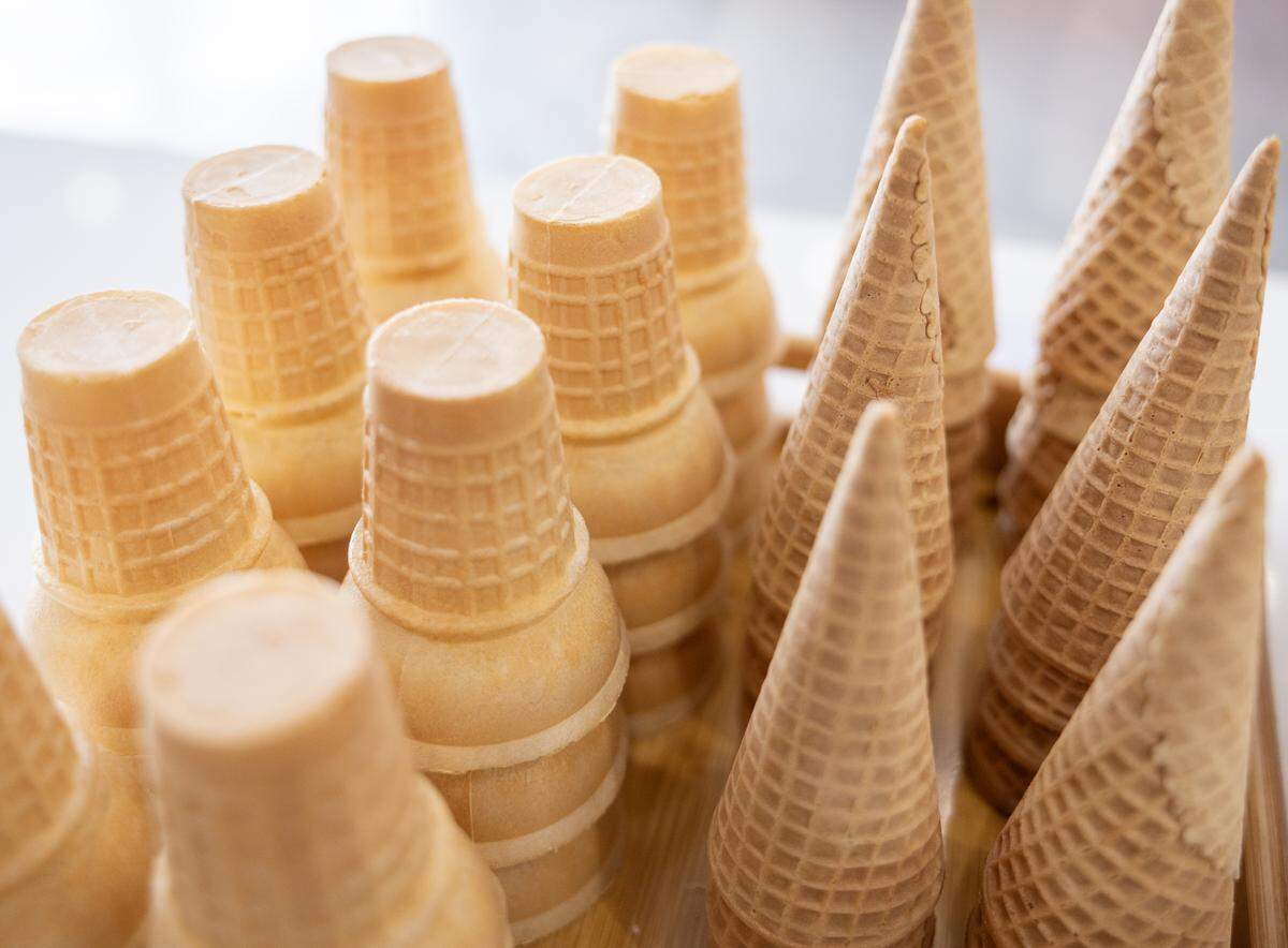 Stacks of ice cream cones stand ready for customers at the new Betty Rae’s Ice Cream shop in Lee’s Summit.