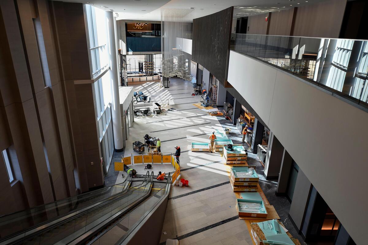 The new Loews Kansas City Hotel, looking down into the lobby from a level filled with event rooms and the largest hotel ballroom in the city.