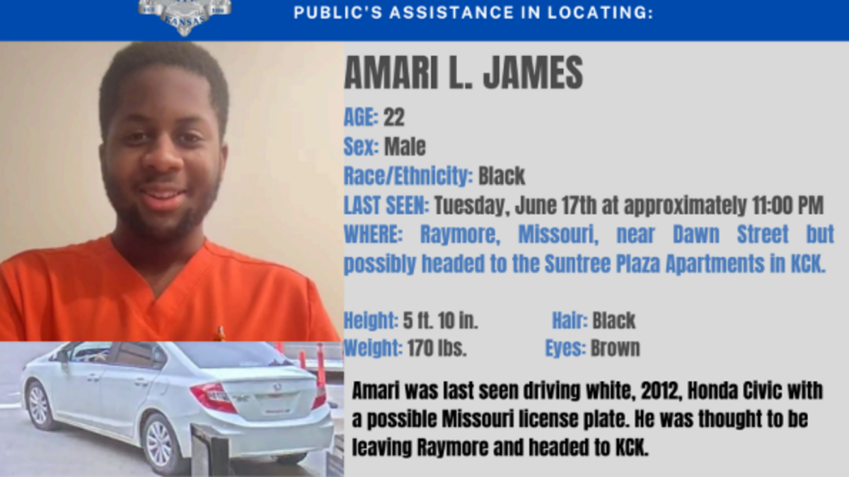 Amari L. James, 22, is a Black man around 5’10” tall and weighs 170 lbs, according to the press release. He has black hair and brown eyes. Anyone with information regarding his whereabouts is encouraged to call KC Crime Stoppers.
