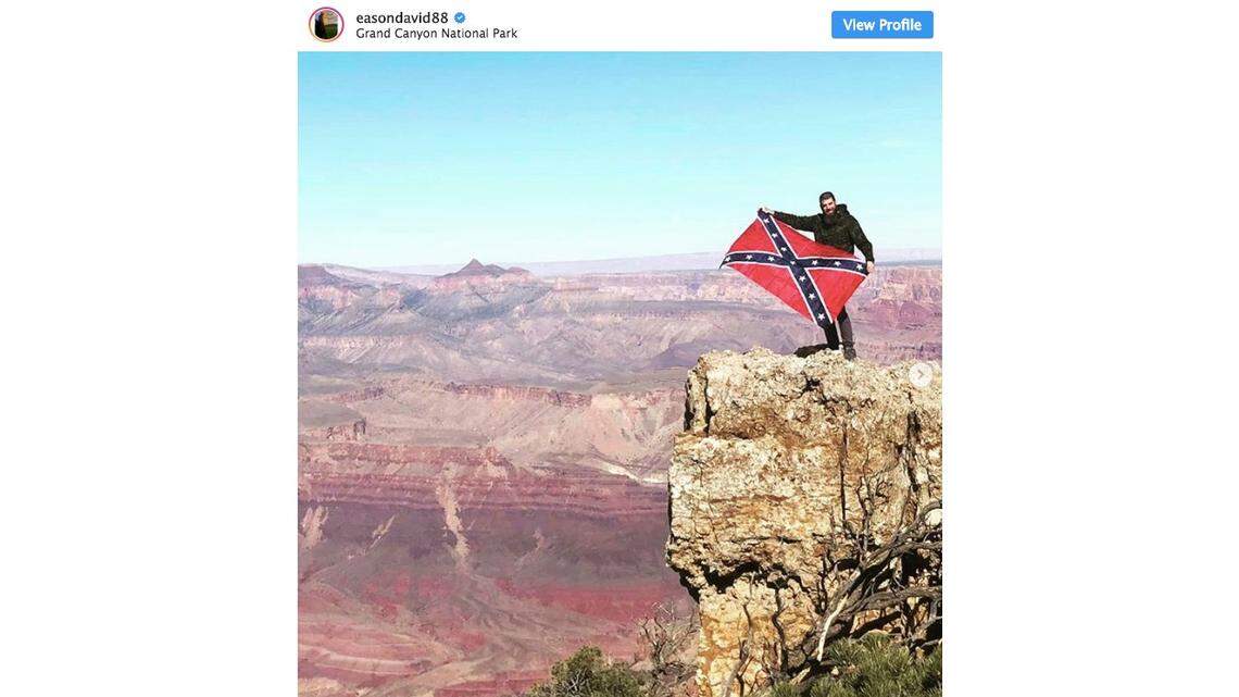 David Eason, husband of “Teen Mom” star Jenelle Evans, posted a photo and video of himself with his Confederate flag at the Grand Canyon on Sunday. He got serious backlash in October when he posted a photo of himself wrapped up in the flag, signing the post “@rednecknation.”