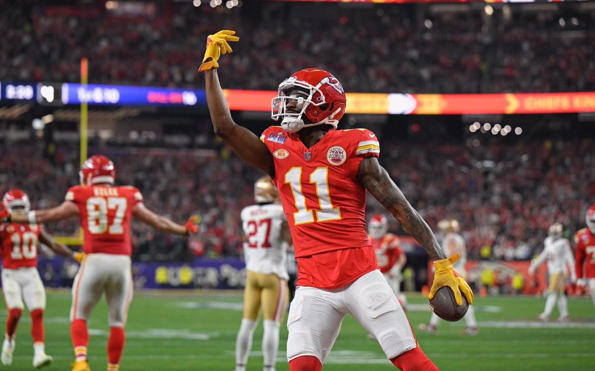 Kansas City Chiefs wide receiver Marquez Valdes-Scantling (11) celebrates a touchdown reception in the second half against the San Francisco 49ers in Super Bowl LVIII, Sunday, Feb. 11, 2024, in Las Vegas.