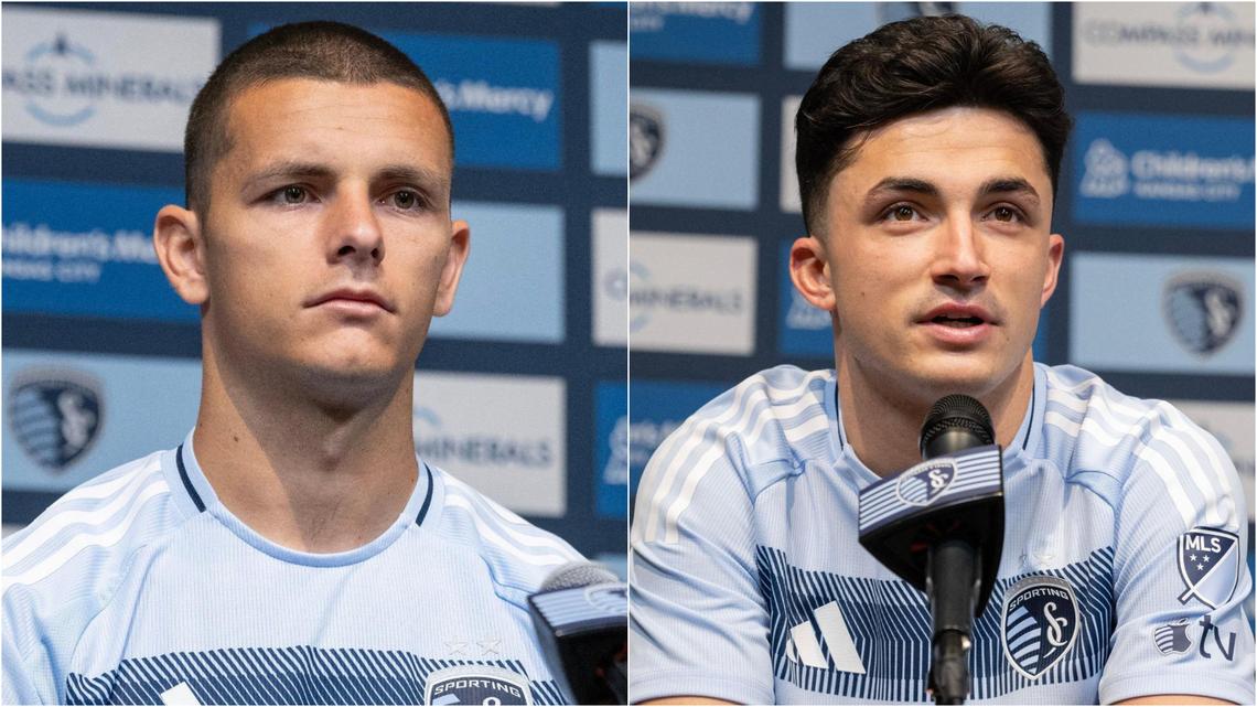 Sporting Kansas City introduced new designated players Dejan Joveljic (left) and Manu Garcia at a news conference on Friday, Feb. 14, 2025.