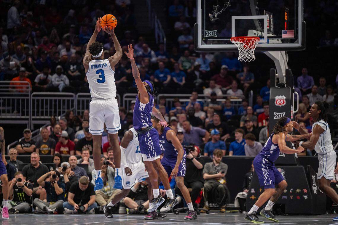 BYU Cougars forward AJ Dybantsa (3) takes a three point shot in the first half of the first round game of the Big 12 Men's Basketball Tournament, on Tuesday, March 10, 2026, at T-Mobile Center. The Wildcats lost to BYU, 105-91.