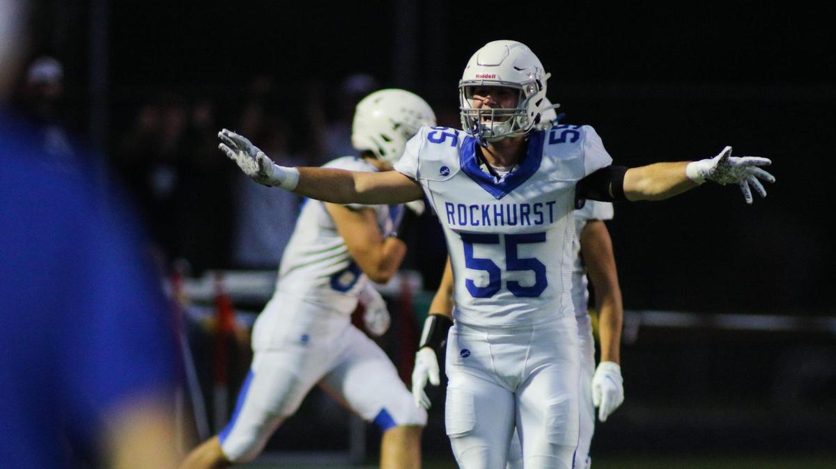 Jack Scanlon of Rockhurst celebrates after a touchdown on Friday night against Bishop Miege at Dixon Doll Stadium.
