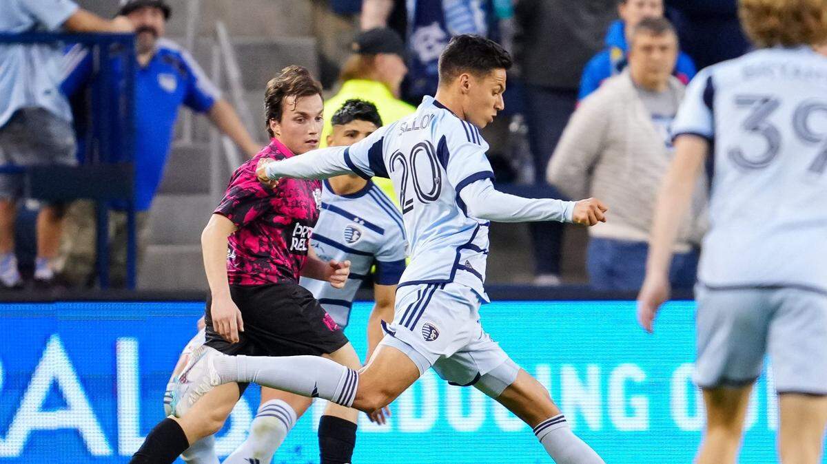 Sporting Kansas City’s Daniel Salloi (20) scores a goal against Tulsa Athletic during the first half of a U.S. Open Cup third-round match at Children’s Mercy Park on Tuesday, April 25, 2023.