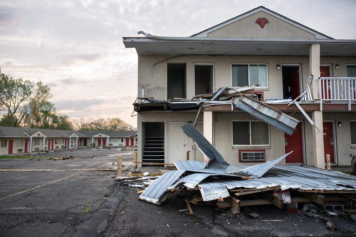 The Knights Inn, 1641 S. Main St., showed heavy damage on Tuesday, April 14, 2026, in Ottawa, Kansas, after a tornado moved through the town Monday night. No injuries were reported in Ottawa.