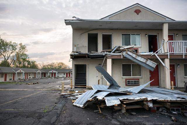 The Knights Inn, 1641 S. Main St., showed heavy damage on Tuesday, April 14, 2026, in Ottawa, Kansas, after a tornado moved through the town Monday night. No injuries were reported in Ottawa.