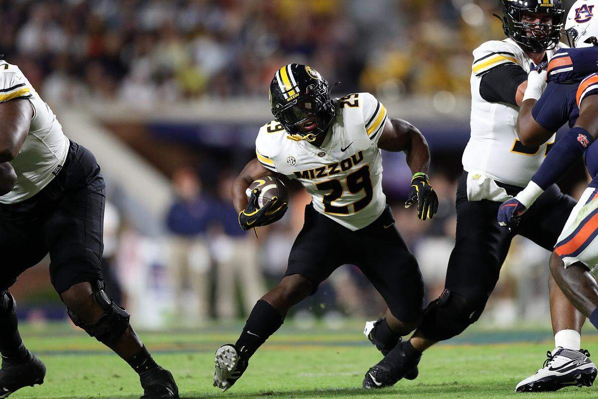 Ahmad Hardy #29 of the Missouri Tigers carries the ball during the first half against the Auburn Tigers at Jordan-Hare Stadium on October 18, 2025 in Auburn, Alabama.