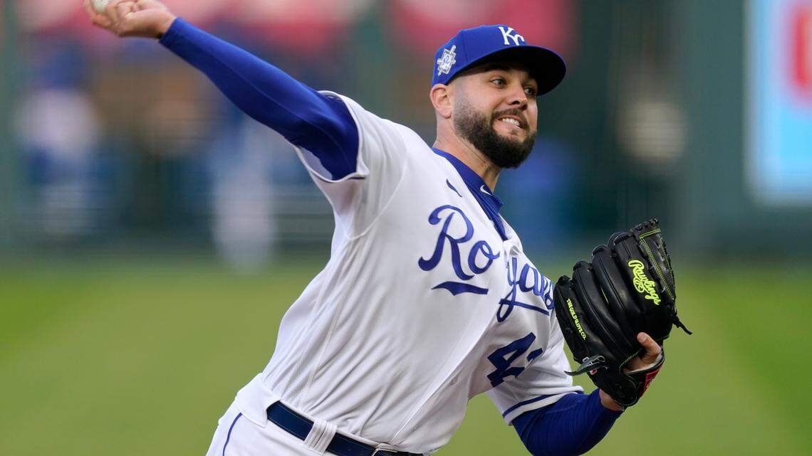 Kansas City Royals starting pitcher Jakob Junis throws during the first inning of the team’s baseball game against the Toronto Blue Jays on Thursday, April 15, 2021, in Kansas City, Mo. (AP Photo/Charlie Riedel)