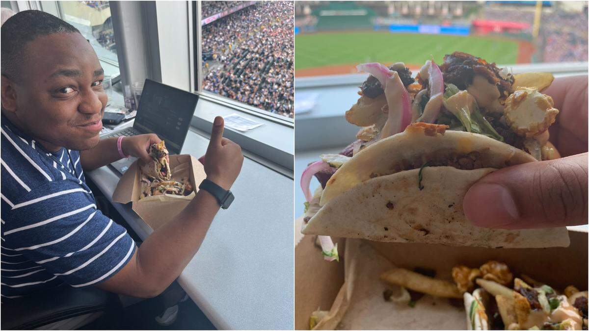 In 2024, Kansas City Royals beat writer Jaylon Thompson bravely (editor’s wording) sampled the new ‘Taste of The K’ taco, which features a charred hot dog wrapped in a cheeseburger quesadilla, brisket, Cracker Jacks and more.