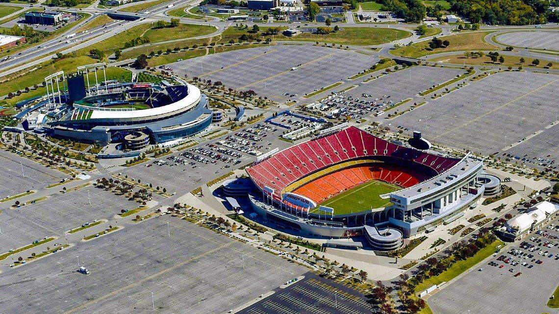 An aerial view of the Truman Sports Complex in its current form shows side-by-side venues on the plot of land located east of downtown.