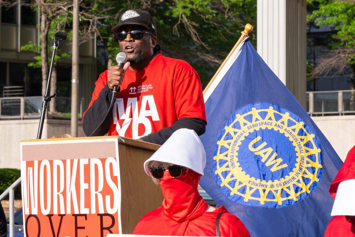 Terrence Wise of the Missouri Workers Center speaks to Kansas Citians gathered in Washington Square Park for an International Workers’ Day protest on Friday, May 1,.