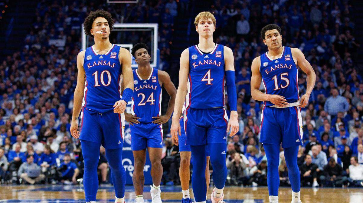 Kansas Jayhawks forward Jalen Wilson (10), forward KJ Adams (24), guard Gradey Dick (4) and guard Kevin McCullar Jr. (15) walk down the court during the second half against the Kentucky Wildcats at Rupp Arena on Jan. 28, 2023.