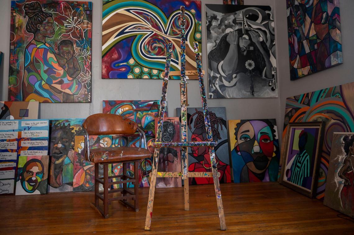 Warren Harvey displays many of his paintings at his midtown art studio. After his work showed up on “Bel-Air,” he says, “the response has been beyond what I was expecting, and it felt good.”