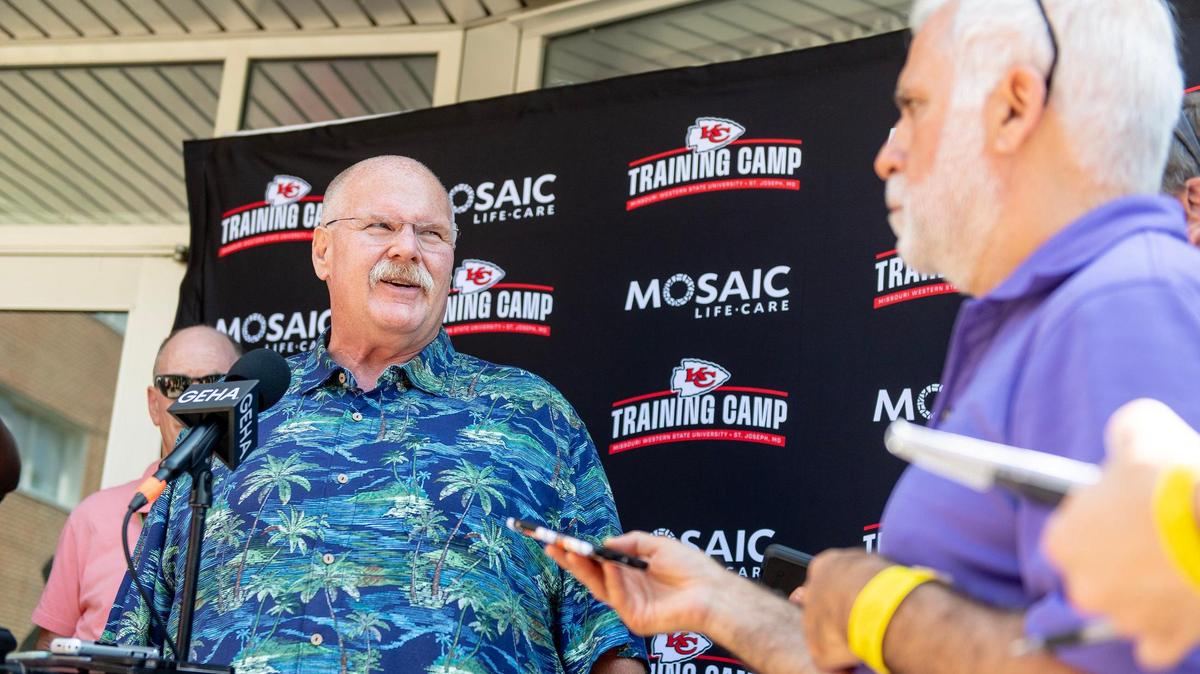 Kansas City Chiefs head coach Andy Reid speaks to reporters at Missouri Western State University during the first day of training camp on Tuesday, July 18, 2023, in St. Joseph, Mo.