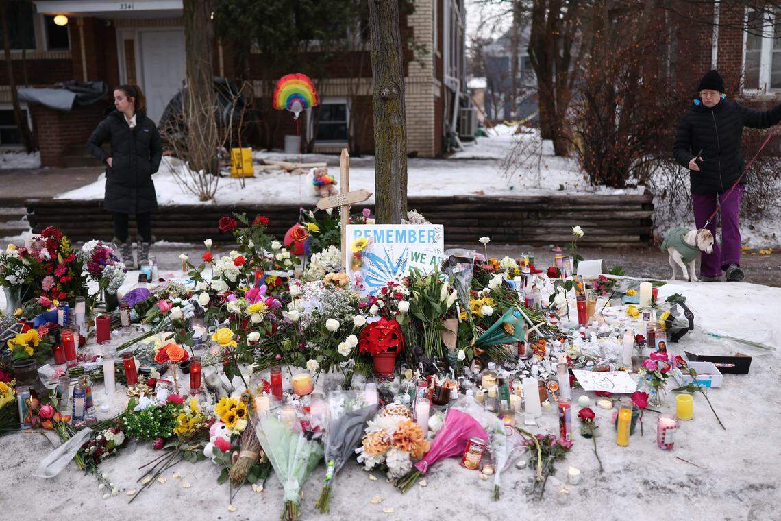 A makeshift memorial is seen for 37-year-old Renee Nicole Good, who was shot and killed at on Jan. 7 by a U.S. Immigration and Customs Enforcement (ICE) agent as she apparently tried to drive away from agents who were crowding around her car, in Minneapolis, Minnesota, on January 8, 2026. Good lived in Kansas City as recently as 2023, according to court records.