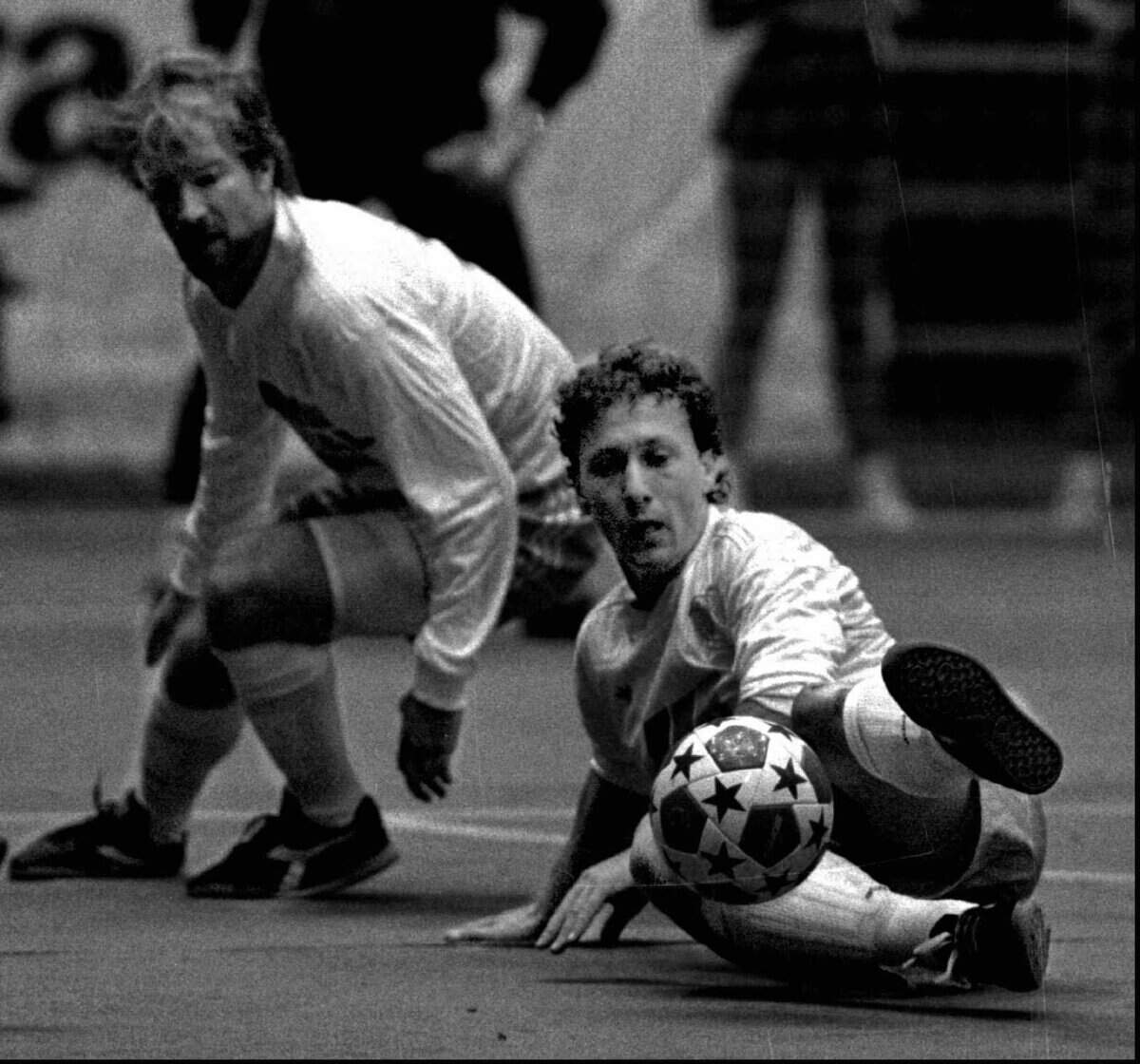 The Wing’s head coach Kim Roentved tries to control the ball after making a diving tackle against the Milwaukee Wave Saturday at the Coliseum. Photo by fernando salazar daily for 4g