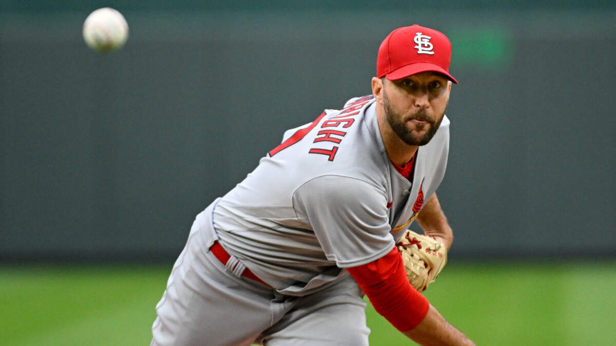 St. Louis Cardinals starting pitcher Adam Wainwright throws during the first inning of a baseball game against the Kansas City Royals, Wednesday, May 4, 2022 in Kansas City, Mo. (AP Photo/Reed Hoffmann)
