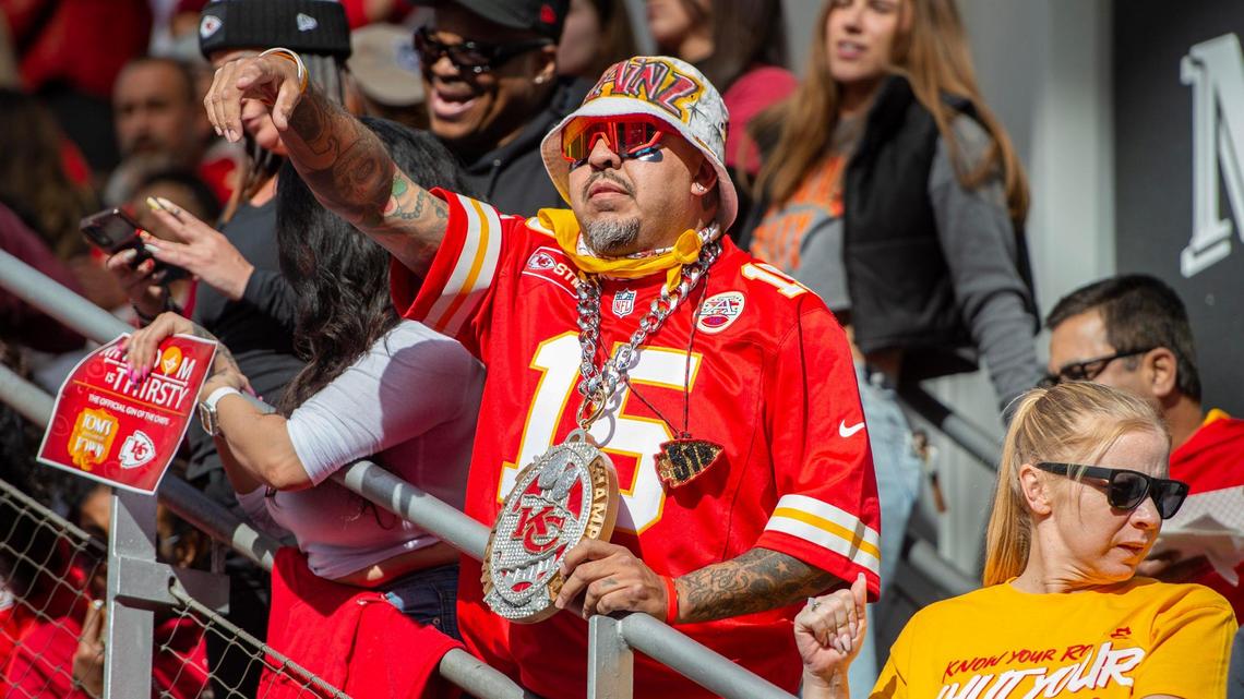 Sam Vasquez cheers along with other fans while waiting to watch the Kansas City Chiefs take on the Philadelphia Eagles at the Super Bowl LVII watch party at Power and Light District on Feb. 12, 2023, in Kansas City.