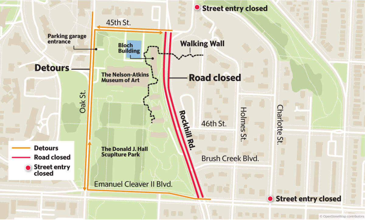 Kansas City motorists will have access to Rockhill Road near the Nelson-Atkins Museum through rush hour Tuesday. After that, the “Walking Wall,” an art installation by Andy Goldsworthy, will close down a stretch of the street.