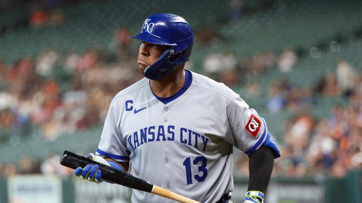 Kansas City Royals catcher Salvador Perez (13) reacts to striking out against the Houston Astros to end the first inning at Daikin Park on May 14, 2025.