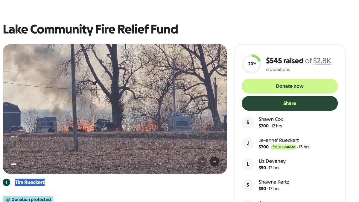 As many as 60 people have been displaced after a wildfire swept through the Sunshine Lake community in rural Ray County, Missouri. At least three homes were destroyed, and people were forced to evacuate at least a dozen other homes. A GoFundMe fundraising page has been set up to assist those displaced by the fire.