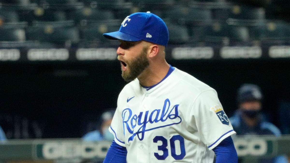 Kansas City Royals starting pitcher Danny Duffy (30) reacts after recording the final out of the sixth inning against the Tampa Bay Rays at Kauffman Stadium on April 19, 2021.