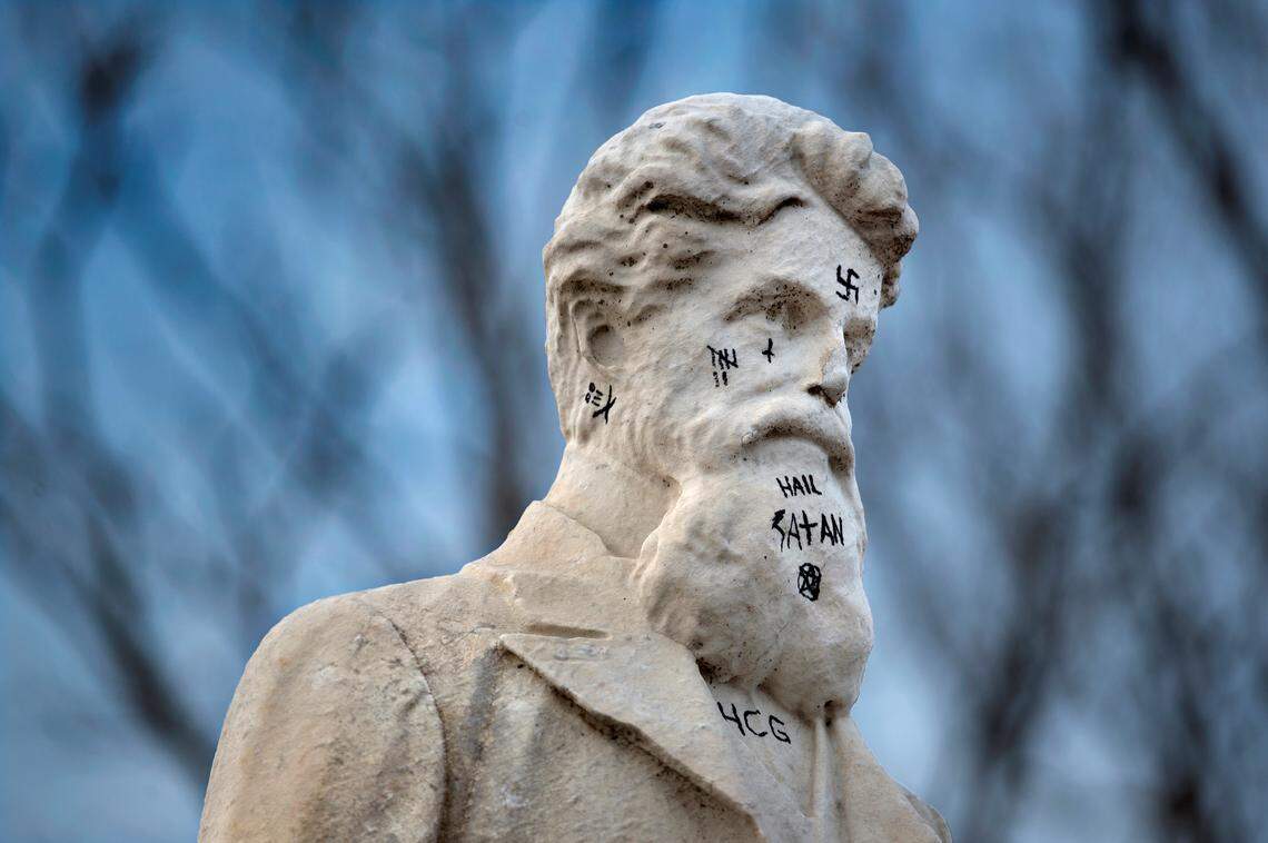 Someone defaced the John Brown Memorial statue near the Quindaro Townsite of Kansas City, Kansas.