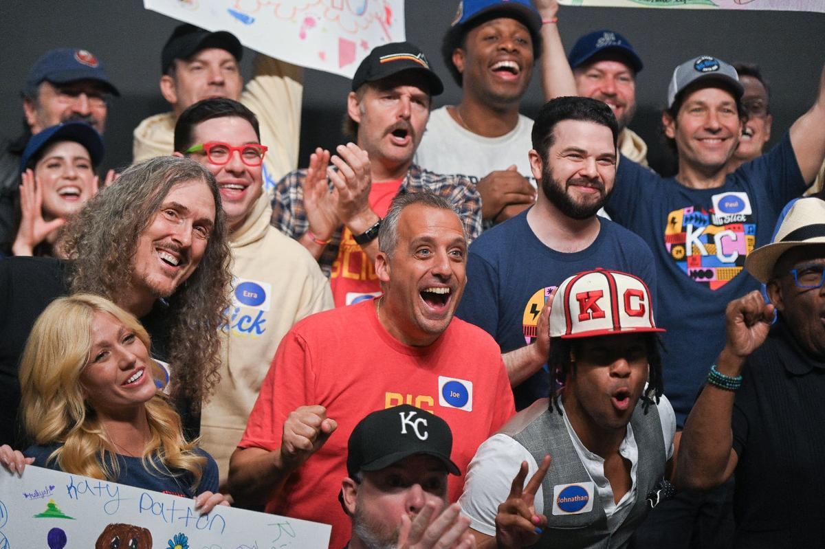 Celebrity guests celebrate their victory in the Friendly Feud game during the Big Slick Press Conference on Friday, May 31, 2024, at Children’s Mercy Research Institute.