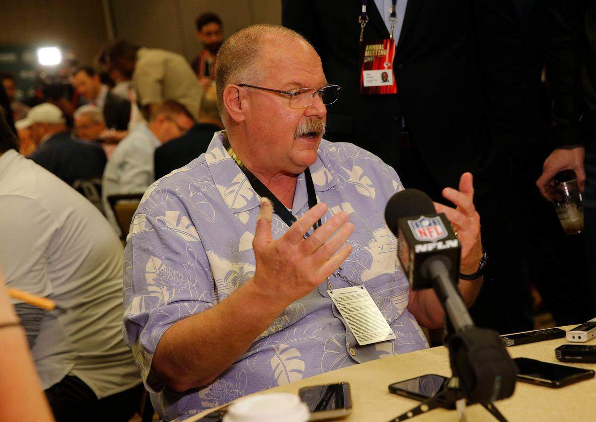 Kansas City Chiefs head coach Andy Reid speaks to the media during the NFC/AFC coaches breakfast during the annual NFL football owners meetings, Tuesday, March 26, 2019, in Phoenix. (AP Photo/Matt York)