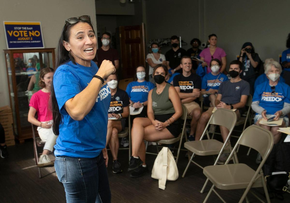 Congresswoman Sharice Davids spoke to volunteers at Planned Parenthood Great Plains Votes “Donut Take Away Our Rights!” rally on Saturday, in Kansas City, Kansas.