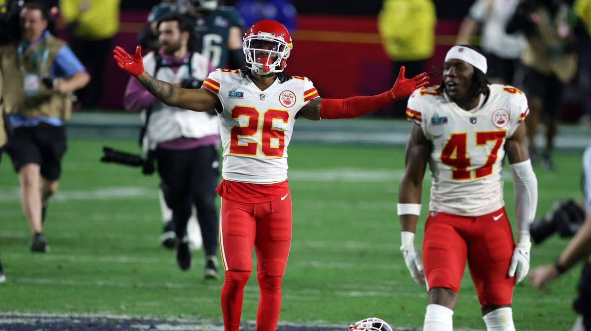 Kansas City Chiefs safety Deon Bush (26) celebrates after defeating the Philadelphia Eagles in Super Bowl LVII at State Farm Stadium on Feb. 12, 2023.