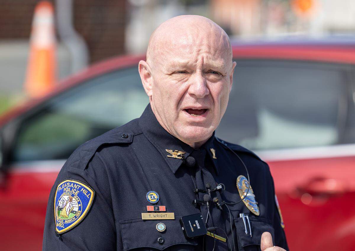 Pleasant Hill Police Chief Tommy Wright speaks at a news conference on Tuesday, May 26, about a fatal shooting in the parking lot of the Cosentino’s Price Chopper at 2102 N. Missouri 7 on Monday.