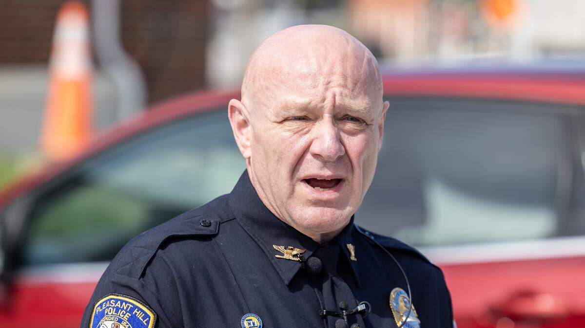 Pleasant Hill Police Chief Tommy Wright speaks at a news conference on Tuesday, May 26, about a fatal shooting in the parking lot of the Cosentino’s Price Chopper at 2102 N. Missouri 7 on Monday.